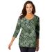 Plus Size Women's Stretch Cotton Scoop Neck Tee by Jessica London in Olive Drab Tribal Animal (Size 14/16) 3/4 Sleeve Shirt