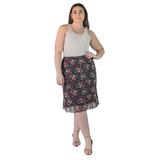 Plus Size Black Floral Sheer Overlay Elastic Waist Knee Length Skirt