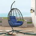 Outdoor Hanging Egg Chair BTMWAY Folding Wicker Hanging Egg Chair Outdoor Indoor Swing Chair with Stand Cushion and Pillow Rattan Hanging Swing Chair for Bedroom Balcony Patio Porch Navy Blue
