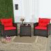 3 Pcs Patio Rattan Furniture Set Red Cushioned Conversation Set Coffee Table