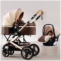 3 in 1 Baby Pram Pushchair Carriage Newborn Reversible Bassinet, High View Baby Stroller for Toddler & Infant, Baby Strollers for Baby Girl & Boy with Mosquito Net, Foot Cover (Color : Khaki A)