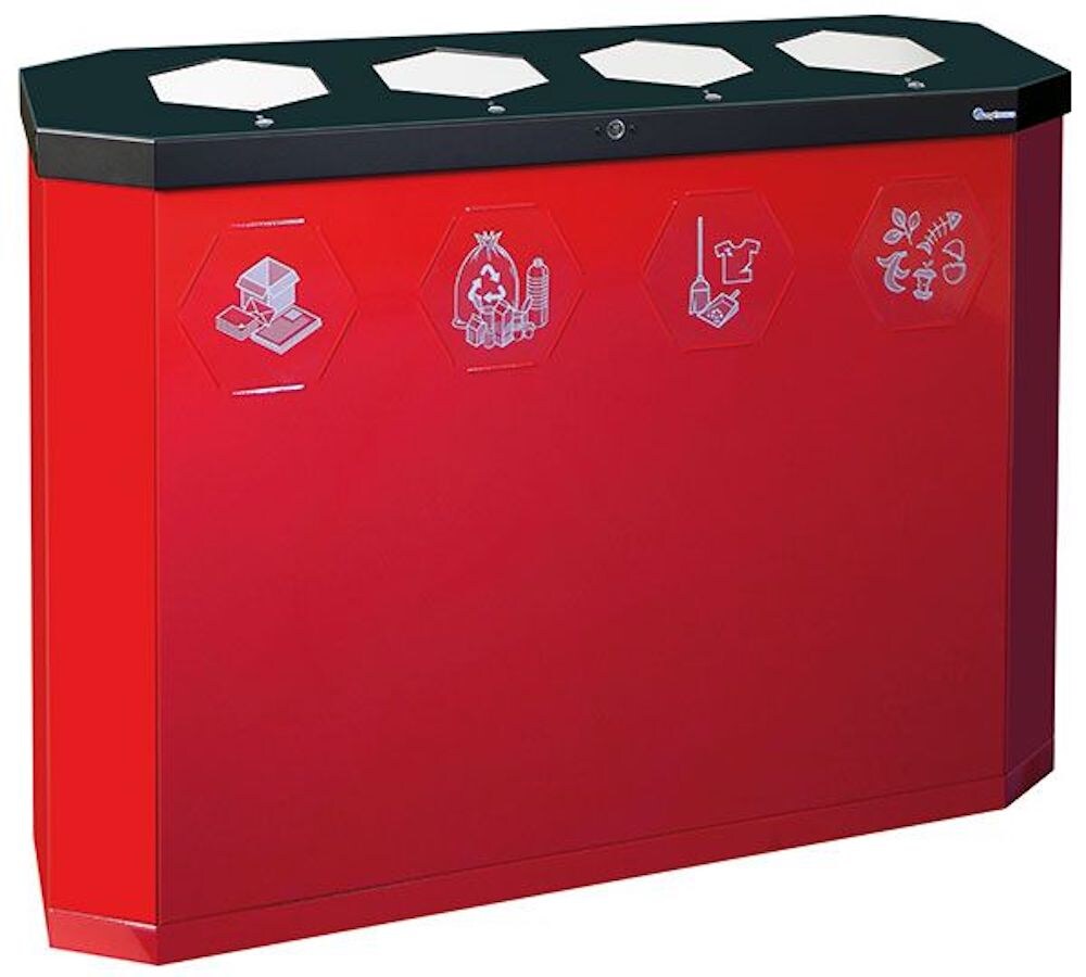 PROREGAL Abfallsammler mit Edelstahl-Einwurfklappe, 4x45L, HxBxT 83x120x35,5cm, Rubinrot, Abfallbehälter, Abfalleimer, Abfalltrennung, Edelstahl Image