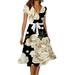 Summer Dresses For Women 2023 Trendy Casual V Neck Short Sleeve Tie Decor Flower Print Boho Dress