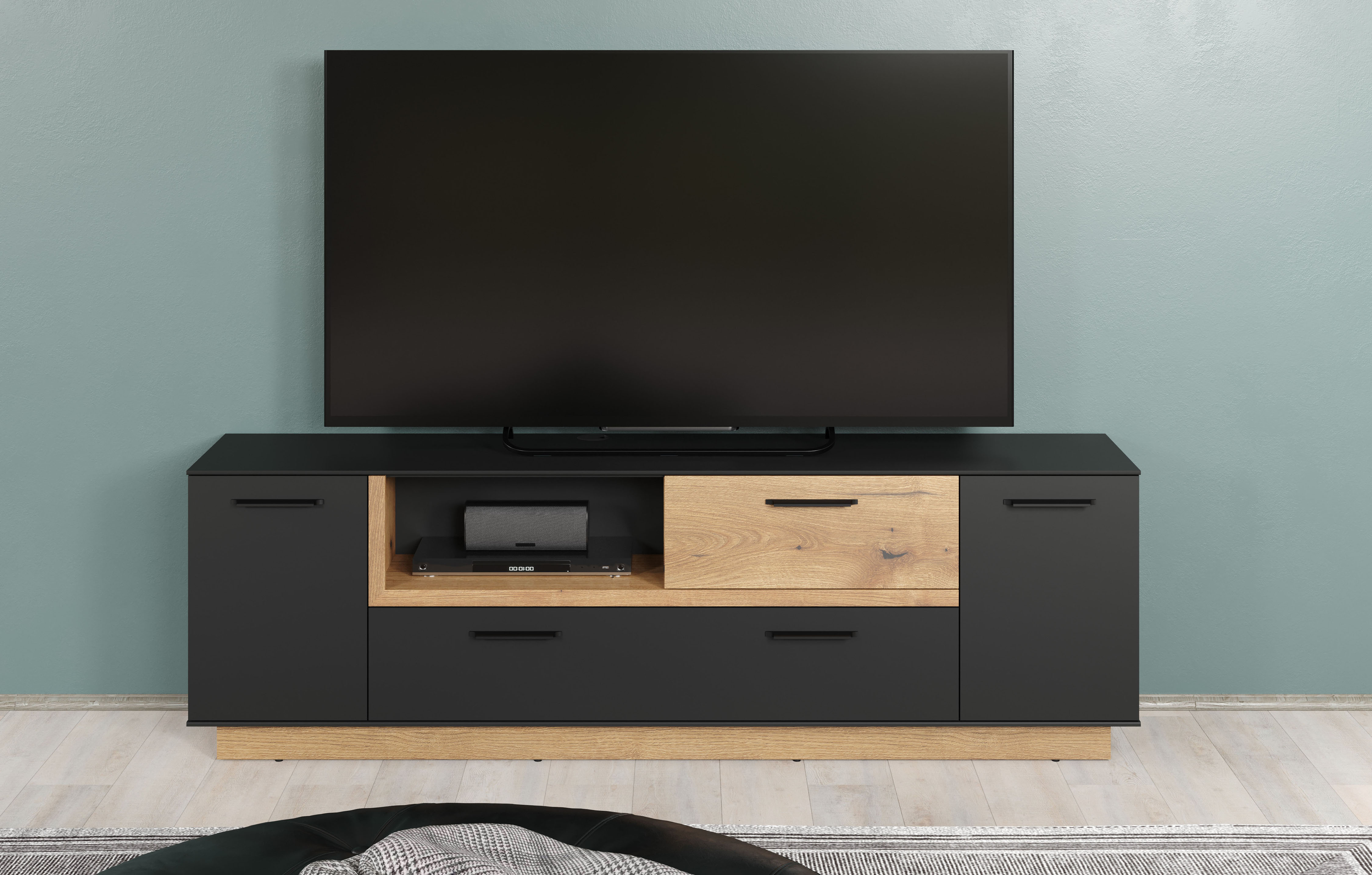 TV-Bank INOSIGN "Premont", schwarz (anthrazit melamin, coast evoke eiche nachbildung), B:187cm H:59cm T:40cm, FSC-zertifizierter Holzwerkstoff, Sideboards, Eleganter, zweifarbiger TV-Schrank - Lowboard mit Soft-Close
