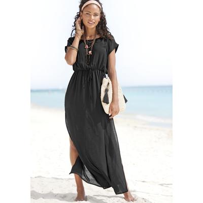 Strandkleid LASCANA, Damen, Gr. 38, N-Gr, schwarz, Web, Obermaterial: 100% Viskose, unifarben, modisch, figurumspielend bodenlang, Rundhals, Kurzarm, Kleider, aus leicht transparenter Webware, Maxikleid mit Schlitz, Sommerkleid Image