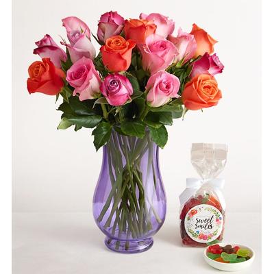 1-800-Flowers Flower Delivery Sorbet Roses 18 Stems W/ Purple Vase & Candy
