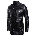 IROINNID Men s Long Sleeve Faux Leather Stand Collar Mid-Length Jacket Solid Color Loose Mid-length Leather Stand-collar Four-pocket Motorcycle Jacket Coats