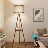 OUTON 63 Wood Tripod Floor Lamp with Remote Control Dimmable Standing Lamps with Shelves Modern LED Shelf Floor Lamp for Living Room Bedroom Office