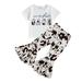 Rovga Outfits For Girls Toddler Short Sleeves Kids Cow Top Letters Prints Outfits Set Bell Bottom Pants Flared Outfits Set For 2-3 Years