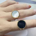 Bagues en acier inoxydable pour femme agate noire coquillage pierre précieuse bijoux réglables