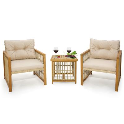 Costway 3 Pieces Patio PE Wicker Conversation Set with Acacia Wood Frame and Cushions-Beige