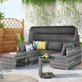 5 Pieces Outdoor Sectional Patio Sofa Set Rattan Daybed, PE Wicker Conversation Set with Canopy and Tempered Glass Side Table