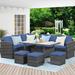 Superjoe 7 Pcs Outdoor Patio Furniture Set Dining Sectional Sofa with Table and Chair All Weather Wicker Conversation Set with Ottoman Blue