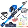 LEOFISHING 170cm/5.6ft Kids Fishing Rod Set Portable Telescopic Kids Fishing Poles with Collasible Chair Fishing Net Carrier Bag and Full Kits for Boys and GirlsBeginner and Youth (Blue)