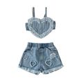 Sunisery 2PCS Newborn Baby Girls Denim Vest Shorts Outfit Summer Sleeveless Heart Camisole Elastic Ripped Denim Shorts Blue 3-6 Months