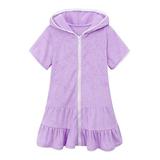 Lovskoo Toddler Girls Solid Swimsuit Cover Up Hooded Kids Coverup Zip-Up Beach Bathing Suit Robe 3-11 Years Purple