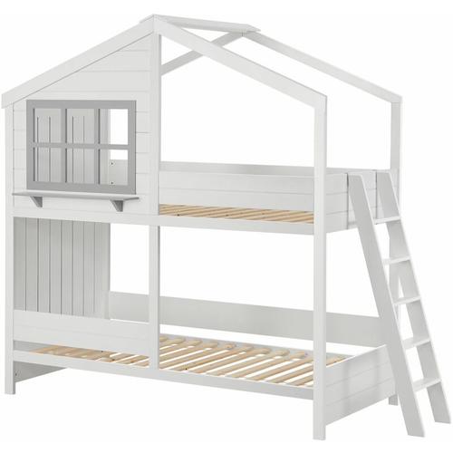 Kinder Hochbett Traumhaus 90x200 cm - Kinderbett mit Dach, 2 Betten, Lattenrost & Leiter
