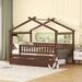 Full Wooden House Platform Bed with Trundle for Girls & Boys, Walnut