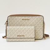 Michael Kors Bags | Michael Kors Jet Set Item East West Crossbody Bag + Trifold Wallet Mk Vanilla | Color: Brown/White | Size: Os