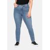 Stretch-Jeans SHEEGO "Große Größen", Damen, Gr. 27, Kurzgrößen, blau (blau denim), Obermaterial: 37% Viskose, 34% Baumwolle, 27% Polyester, 2% Elasthan, unifarben, casual, lang, Jeans, Super elastisches Power-Stretch-Material