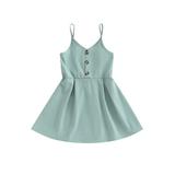 Qtinghua Toddler Baby Girls Dresses Straps Sleeveless Dress Solid Color Casual A-line Sundress Summer Clothes Lake Green 4-5 Years