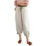 Cotton Linen Pants Womens Casual Summer Drawstring Elastic High Waist Wide Leg Pant Pockets Ankle Length Trousers (X-Large Beige 01)
