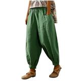 Women s Harem Cotton Linen Pants Pocketed Yoga Hippie Boho Beach Pants Loose Summer Baggy Joggers Plus Size (Medium Green)