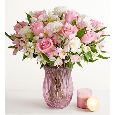 1-800-Flowers Flower Delivery Cherished Blooms Double Bouquet W/ Pink Vase & Candle