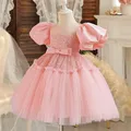 Robe de Princesse Rose pour Petite Fille Tenue de Bal de Baptême Manches Bouffantes Costume de