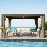 Domi Outdoor 12 x16 Aluminum Metal Louvered Pergola with Adjustable Roof & Mosquito Netting(Brown)