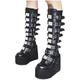 New Women Knee High Boots UK Clearance Platform Goth Boots Synthetic Leather Evening Long Boots Female Shoe Girls High Wedge Motorcycle Boots Ladies Thigh High Boots Gothic Buckles Biker Booties