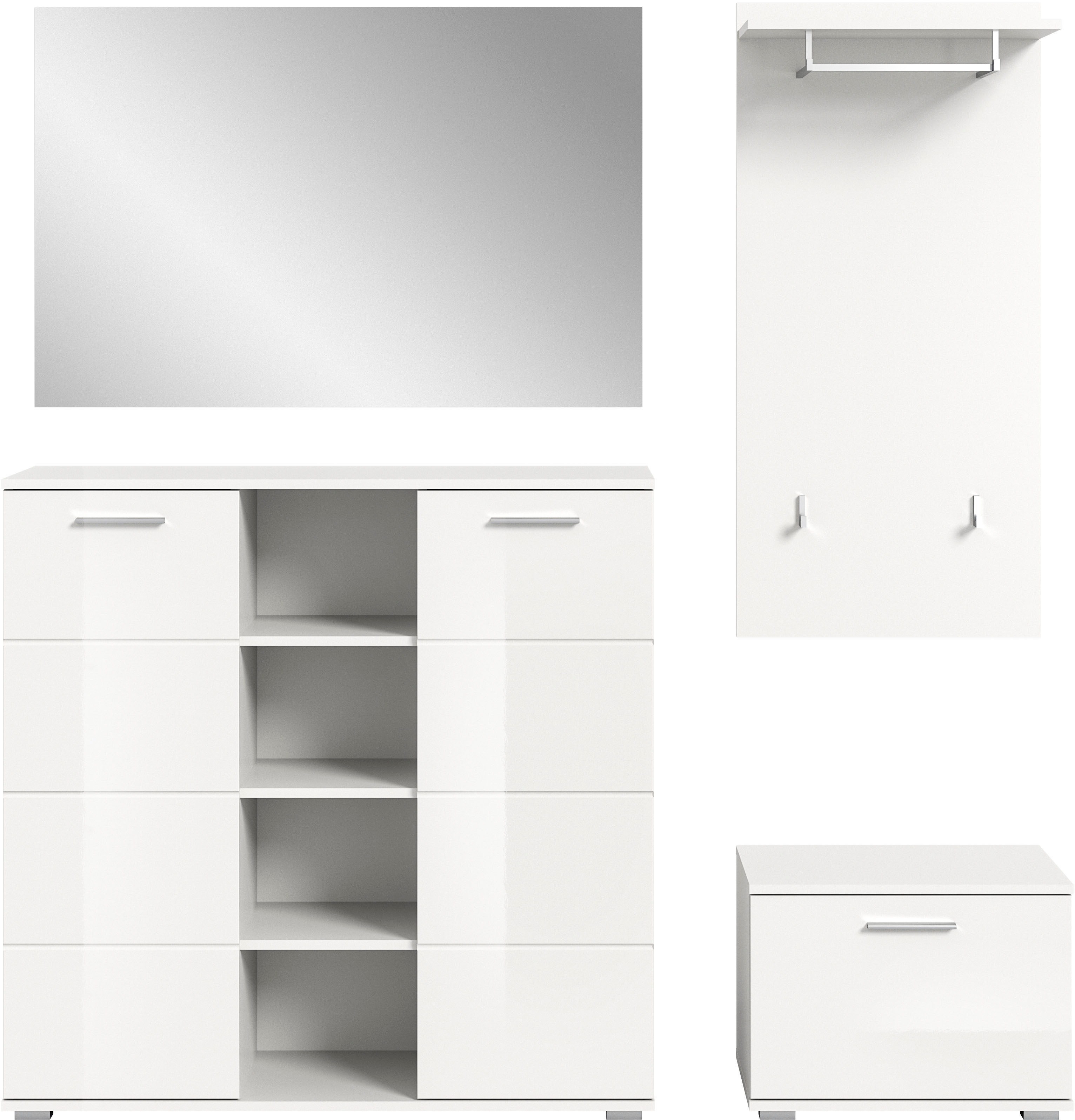 Garderoben-Set INOSIGN "Valge, Breite 165 cm, 4-teiliges Set, bestehend aus:", weiß, B:180cm H:191cm T:37cm, Holzwerkstoff, Kastenmöbel-Sets, Highboard, Garderobenspiegel, Sitzbank und Garderobenpaneel