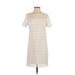 Ann Taylor LOFT Casual Dress - Shift Crew Neck Short sleeves: White Chevron/Herringbone Dresses - Women's Size 2