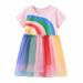 Funicet Baby Girls Summer Dresses Round Collar Short Sleeve Rainbow Printed Dresses Mesh Gauze Dresses