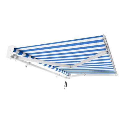 Awntech Destin 16' Blue / White Stripe Heavy-Duty Left Motor Retractable Patio Awning with Protective Hood