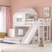 Farmhouse Wooden Twin Over Full Bunk Bed with Playhouse, Ladder, Slide & Guardrails, Built-in Solid Slat Support, White