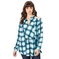 Plus Size Women's Lace-Back Plaid Big Shirt by Roaman's in Deep Teal Fine Plaid (Size 18 W)