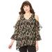 Plus Size Women's Cold Shoulder Georgette Big Shirt by Roaman's in Black Flower Vine (Size 26 W)