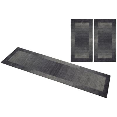 Bettumrandung THEKO "Gabbeh Super, Handweb Teppich, Bordüre, reine Wolle, handgewebt" Gr. 14, grau (grau, blau), H:9mm, Obermaterial: 100% Wolle, Bettumrandung, Bettvorleger, Schlafzimmer, Läufer-Set Image