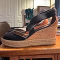 Tory Burch Shoes | Gently Worn Tory Burch Sandals. Cork Heel, Stretch Straps. Size 9.5 Narrow | Color: Black | Size: 9.5
