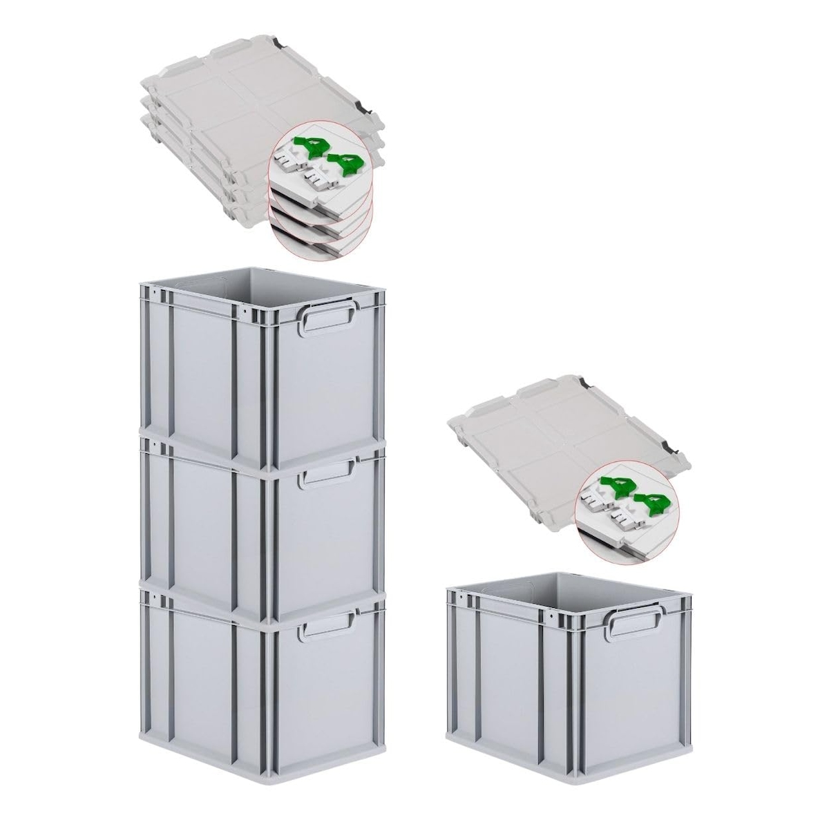 PROREGAL SuperSparSet 4x Eurobox NextGen Economy mit Scharnierdeckel & grünen Verschlüssen, Griffe zu, HxBxT 32x30x40cm, 30L, Eurobehälter, Box Image