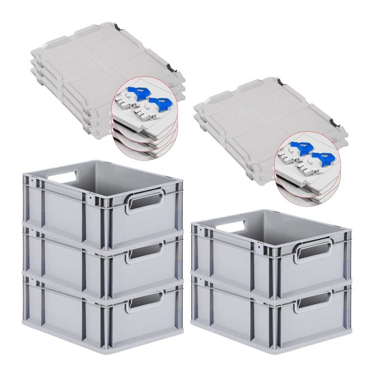 PROREGAL SuperSparSet 5x Eurobox NextGen Economy mit Scharnierdeckel & blauen Verschlüssen, Griffe offen, HxBxT 17x30x40cm, 16L, Eurobehälter, Box Image