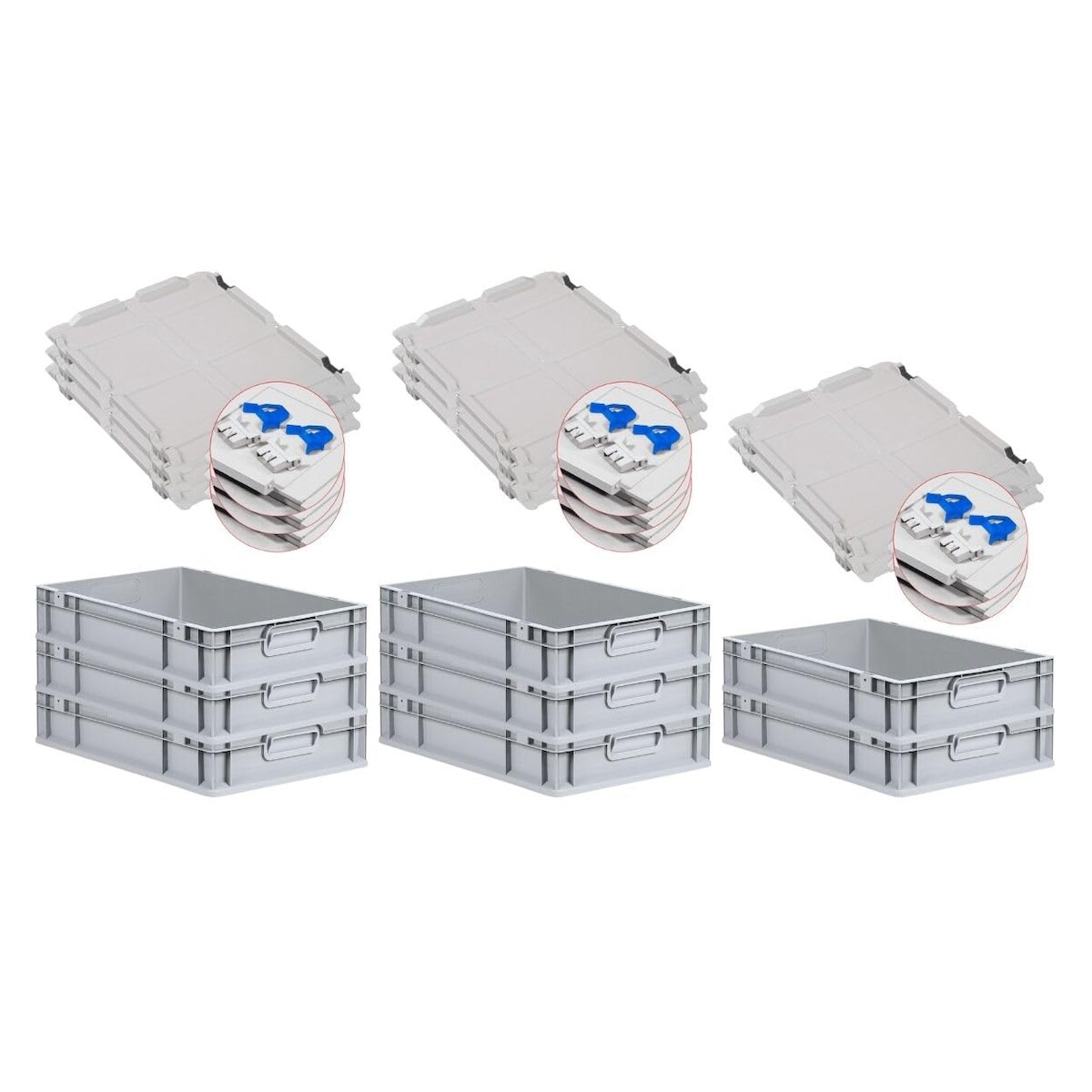 PROREGAL SuperSparSet 8x Eurobox NextGen Economy mit Scharnierdeckel & blauen Verschlüssen, Griffe zu, HxBxT 12x40x60cm, 23L, Eurobehälter, Box Image