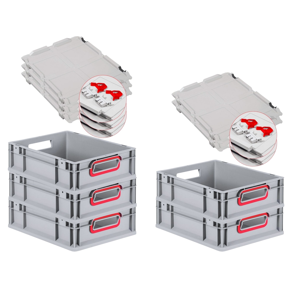 PROREGAL 5x Eurobox NextGen Color mit Scharnierdeckel & Verschlüssen | HxBxT 12x30x40cm | 11 Liter | Griffe rot offen | Glatter Boden Image