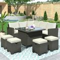 8 Piece Patio Outdoor Furniture Set Outdoor Conversation Set Dining Table Chair with Ottoman Cushions (Beige)