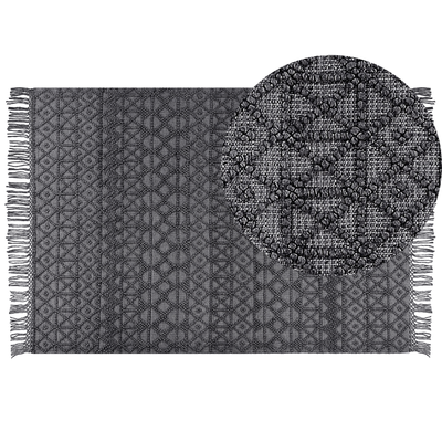 Teppich Schwarz aus Wolle 160 x 230 cm Rechteckig mit Fransen im Boho Stil Geometrisches Muster Dekoration für Wohnzimme