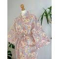 Pure Cotton Handprinted House Robe Kimono | Floral Coverup Summer Travel White Yellow Orange Swirls All Over Mandala