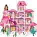 Hot Bee Dollhouse for Girls 4-Story 12 Rooms Playhouse with 2 Dolls Toy Figures Pretend Dreamhouse with Accessories Gift Toy for Kids Ages 3 4 5 6