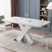 Modern Style Square Dining Table, Stretchable, White Marble Panel Table Top with Mdf X-Shape Table Leg with Metal Base