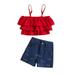 Suanret 2PCS Kids Girls Jeans Shorts Set Layered Camisole Embroidery Watermelon Denim Shorts Summer Outfits Red 5-6 Years